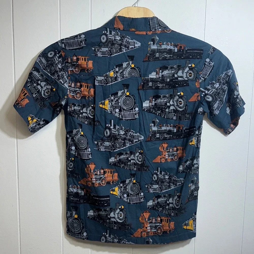 David Carey Originals Mens M Steam Train Locomotive Print Button Down Camp Shirt